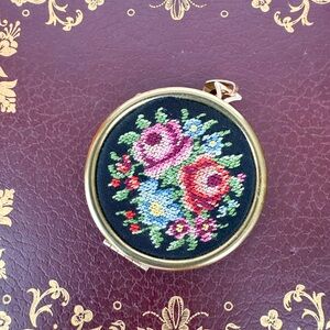 Vintage 1977 Avon “Floralpoint” Embroidered Gold-Toned Locket Pendant